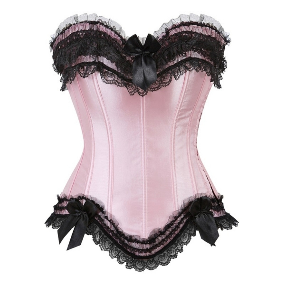 Pink Satin Corset With Black Lace and Bows Details
